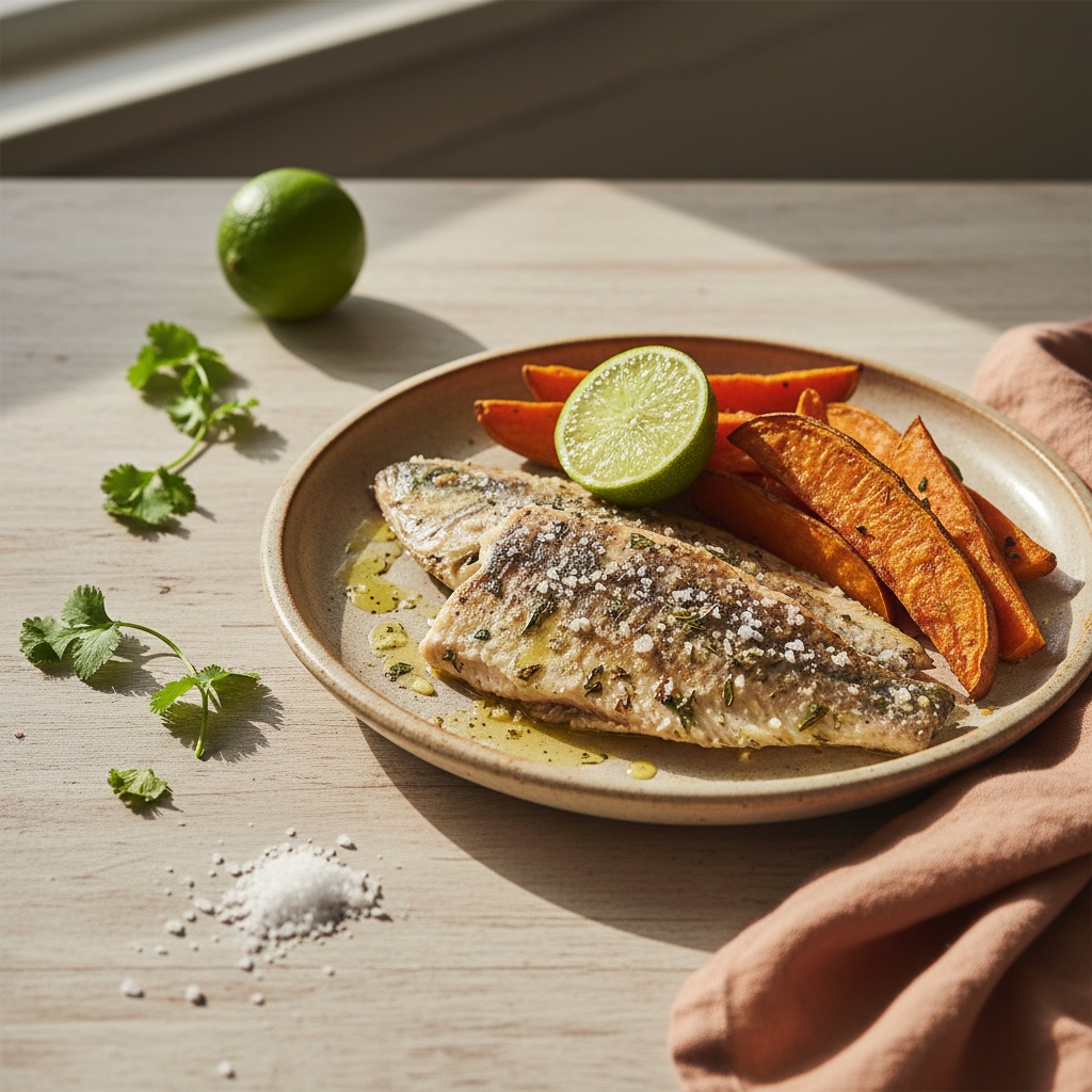 Peixe assado com batata-doce